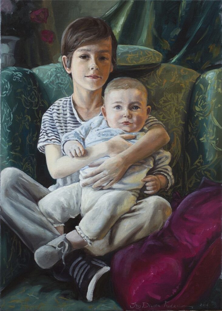 Sam en Davine 70 x 50 cm olieverf op doek, 2016 privé collectie Youp van het Hek en Debby Petters